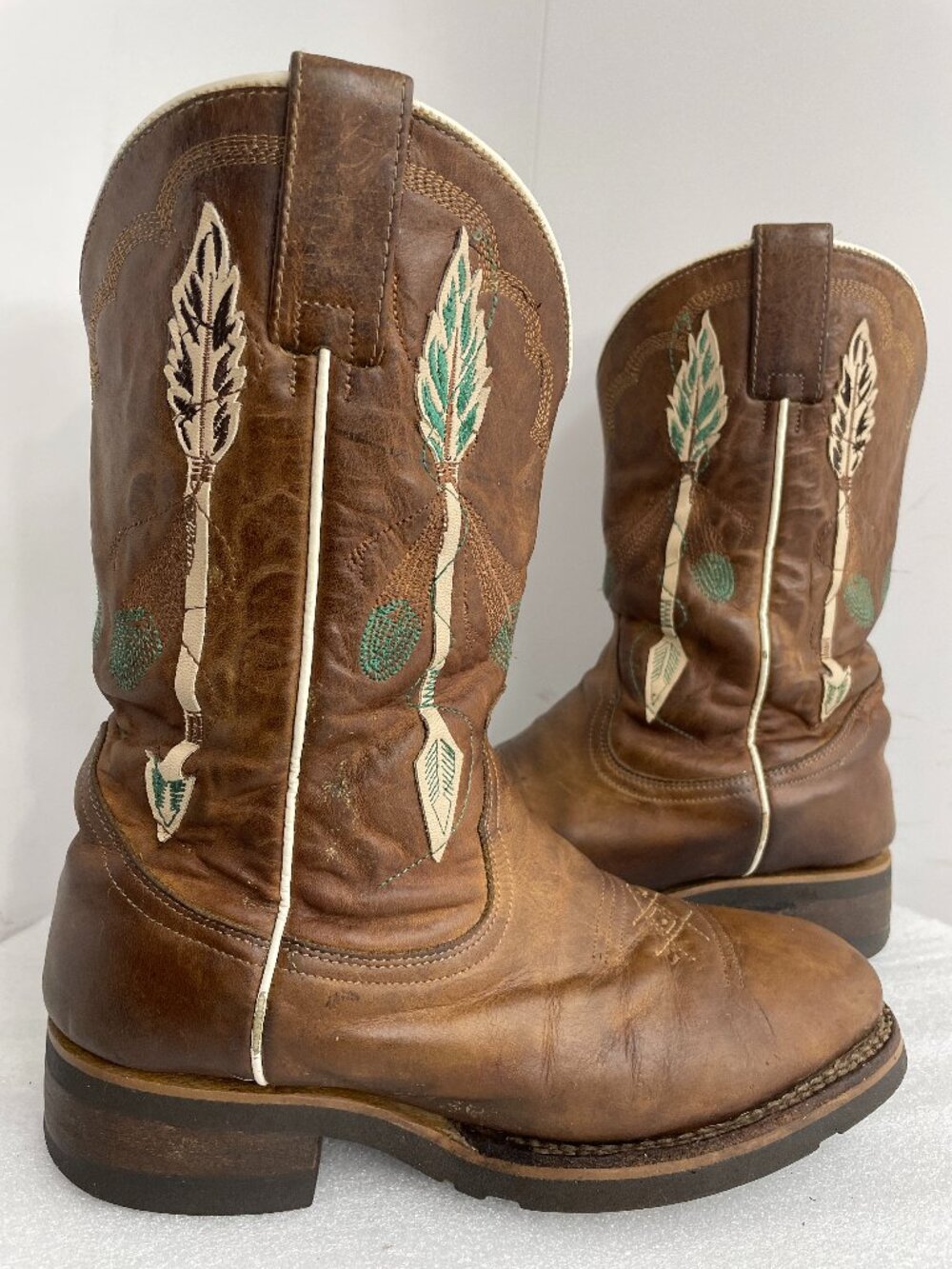 ROPER Brown Leather Arrow Feather Embroidered Cowgirl Western Boots Women's 9